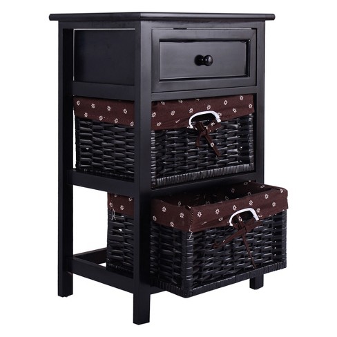 Costway Black Night Stand 3 Tiers 1 Drawer Bedside End Table Organizer Wood W 2 Baskets Target