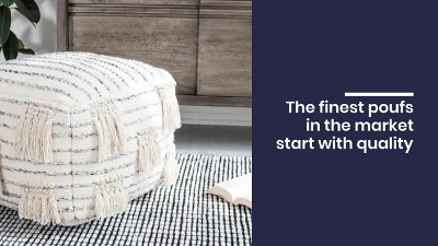 Ivory Striped Tasseled Pouf Ottoman in Soft Cotton & Luxe Polyester