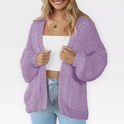 Women's Sweater Knit Cardigan with Pockets - Open Front Cable Knit Chunky Thick Sweater for Comfy Winter Knitwear,Purple - S