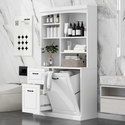 Chic Crate White Bathroom Tilt-Out Hamper Cabinet – 70.9" Tall Freestanding Organizer | Adjustable Shelves & Drawers | Steel Handles