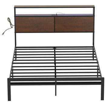 HAUSOURCE Full Bed Frame with Storage Headboard, Noise Free Design, 13 Heavy Duty Metal Slats, and Metal Platform Bed for Family and Master bedrooms