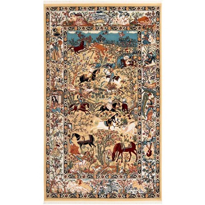 Tan and Blue Synthetic Low Pile Rectangular Area Rug