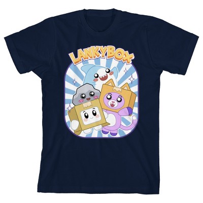 Lanky Box Characters On Blue & White Panel Crew Neck Short Sleeve Navy ...