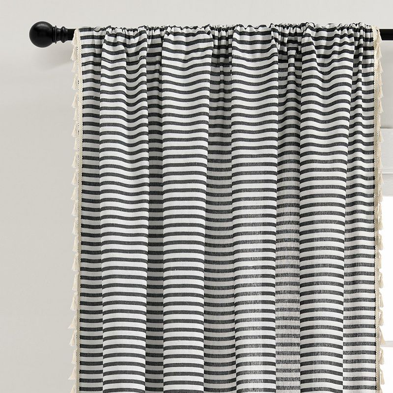 Boho Coastal Horizontal Ticking Stripe Tassel Window Curtain Panels Black 52X84 Set, 2 of 6
