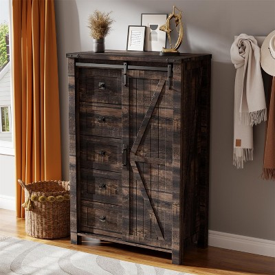 SinCiDo Farmhouse Modern 5 Drawer Tall Dresser w/Sliding Barn Door, Storage Organizer Dresser for Bedroom, Living Room & Kids Room