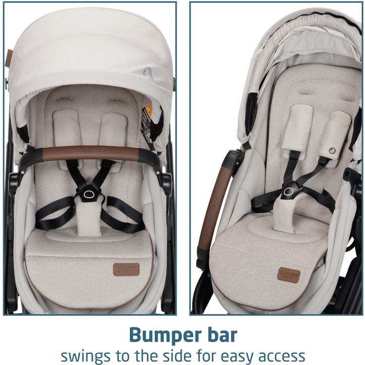 A light gray colored stroller with a brown colored bumper bar that swings to the side, featuring a padded seat and harness.