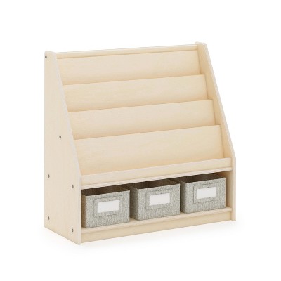Natural Wooden Kids Book and Bin Display with Fabric Bins
