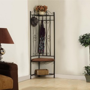 Kings Brand Furniture Kandinsky Corner Entryway Hallway Rack with Bench & 6 Hooks, Black - 1 of 3