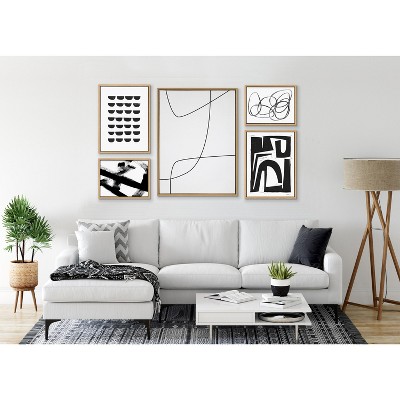 Natural Framed Black and White Abstract Canvas Wall Art Set