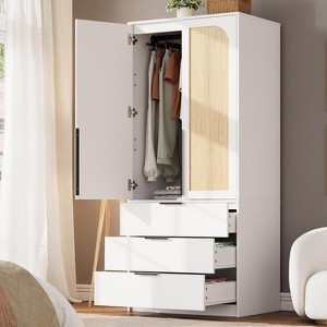 Armoire Wardrobe Closet Wooden Wardrobe Cabinet with 3 Drawers Hanging Rod 2 Doors Clothing Storage Cabinet Large Capacity Storage - 1 of 4