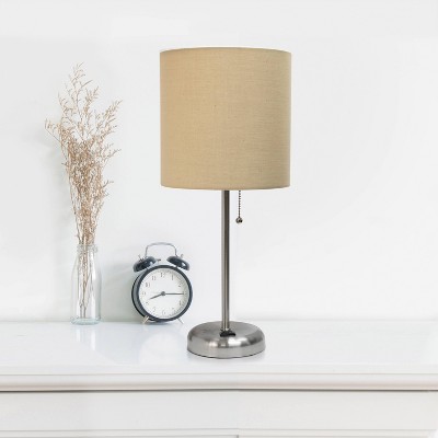 Brushed Steel Stick Nightstand Lamp with Tan Fabric Shade