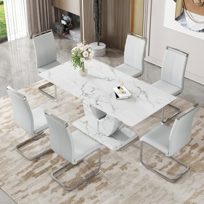 7-Piece Dining Set with Marble Pattern Table and 6 PU Armless Chairs
