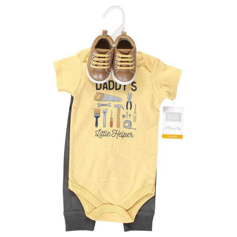 Hudson Baby Infant Boy Cotton Bodysuit, Pant and Shoe Set, Construction Work Short Sleeve, 2 of 6