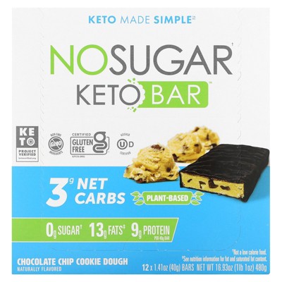 No Sugar Company Keto Bar, Chocolate Chip Cookie Dough, 12 Bars, 1.41 oz (40 g) Each