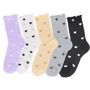 Anna-Kaci Women's 5-Pair Set Frilly Crew Socks with Heart Pattern and Ruffle Trim Breathable Knit Design for Flats or Loafers - 1 of 4