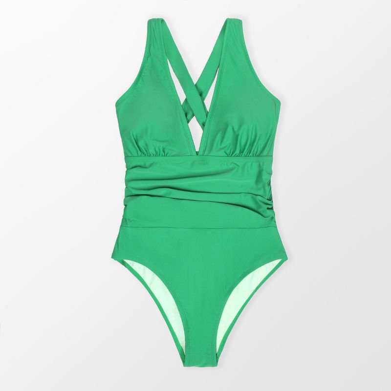 Women's Plus Size One Piece Swimsuit  Deep V Neck Ruched Self Tie Bathing Suit -Cupshe - Green, 5 of 6