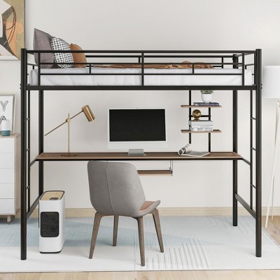 PAGED Twin Size Loft Bed Modern Metal Bed Frame with Desk, Guardrail and Stairs for Bedroom, No Spring Box Required