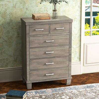 Zstar Modern 6-Drawer Dresser,45" Tall Grey Wooden Chest with Large Storage Drawers for Bedroom, Closet & Entryway