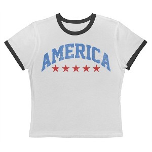 Rerun Island Women's America Red Stars Americana 4Th Of July Short Sleeve Graphic Cotton Retro Vintage Ranger Baby Tee - White Caviar 2X - 1 of 4