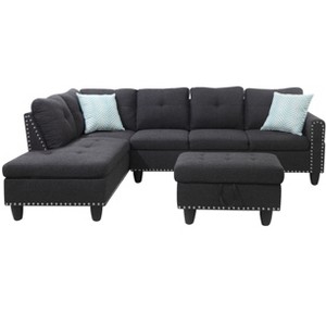 TiramisuBest Black Faux Leather L-Shaped Sectional Sofa with Storage Ottoman & Cup Holders, 3-Piece Couch for Living Room - 1 of 4