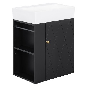 Gulches 20 in 3 in Undermount Rectangular Bathroom Sink in Black MDF Ceramic with Diamond Pattern Door Gold Handle Side Shelves Towel Bar - 1 of 4