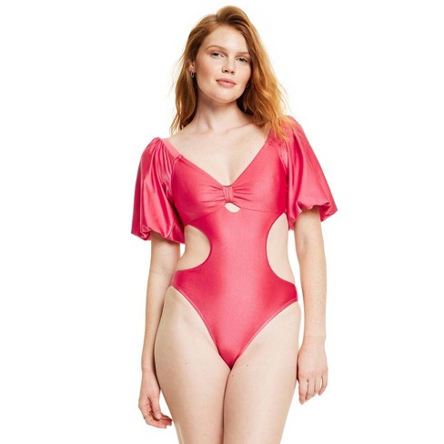 fe noel puff sleeve cut out one piece swimsuit