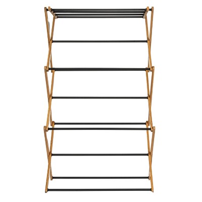 Compact Bamboo and Black Folding Clothes Drying Rack
