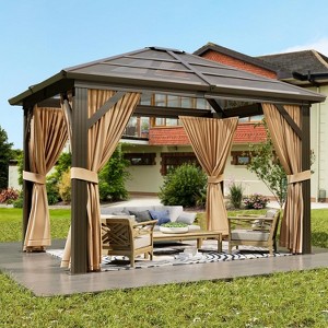 Hardtop Gazebo, Polycarbonate Roof Outdoor Canopy, Aluminum Frame Pavilion, with Netting and Sunshade Curtains, for Backyard, Patio, Lawns, Parties - 1 of 4