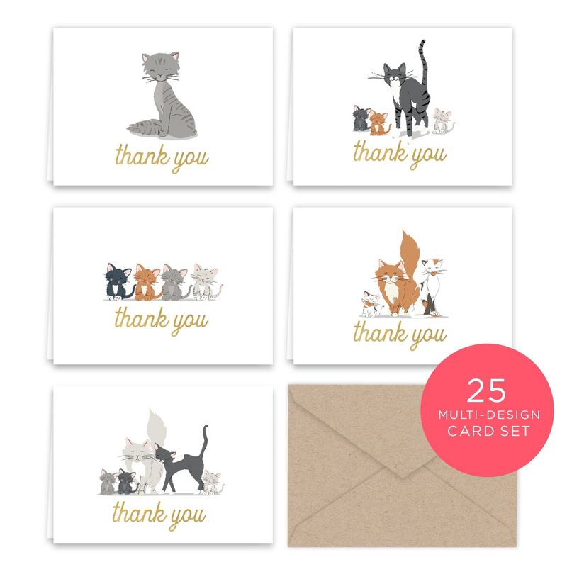 Paper Frenzy Kittens and Kitty Cats Thank You Note Card Collection 25 pack with Kraft Envelopes, 1 of 7