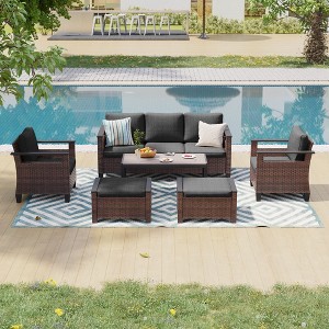 Sonkuki 6 Pieces Patio Sofa & Ottomans & Chair & Coffee Table Set, Conversation Couch with Sand Cushion - 1 of 4
