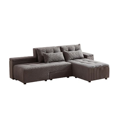 VYNXARIA Convertible 3 in 1 Sleeper Sofa and Sectional Sofa with 4 Storage Space for Living Room,Corduroy Couch With 4 pillows,Corduroy£¬Gray