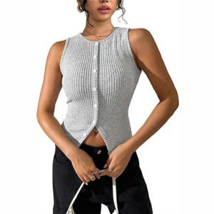 Women's Slim Fit Knit Cardigan Vest Sleeveless Lightweight Stretchy Fake Button Tank Top Shirt - 1 of 4