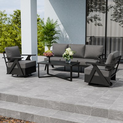 EAGLE PEAK Urban Slate 4 Piece Modern Outdoor Patio Furniture Set, Couch, Swivel Rocking Chairs, and Coffee Table