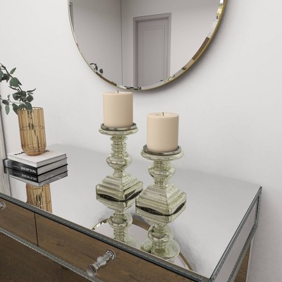 Elegant Silver Mercury Glass Pillar Candle Holder Set, 9" & 7"H