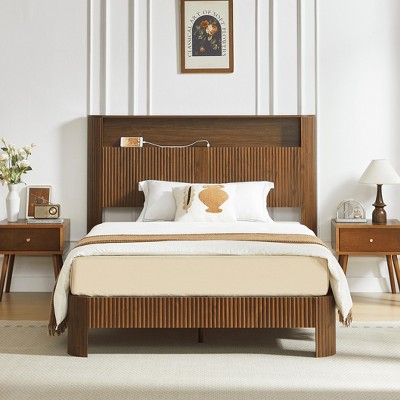 GDFStudio Damien Rustic Wooden Bed with Storage Headboard and Built-In Charging Station