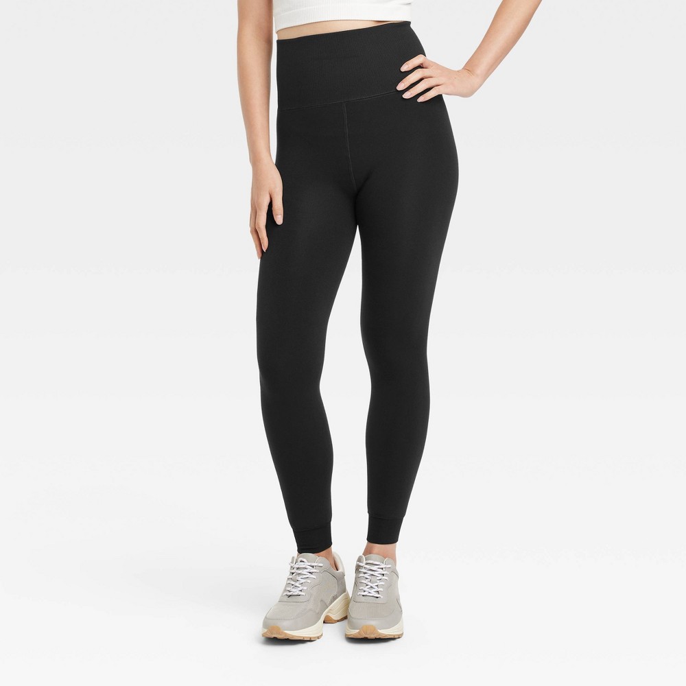 Women's High-Waist Seamless Faux Fur Lined Leggings - A New Day Black L/XL