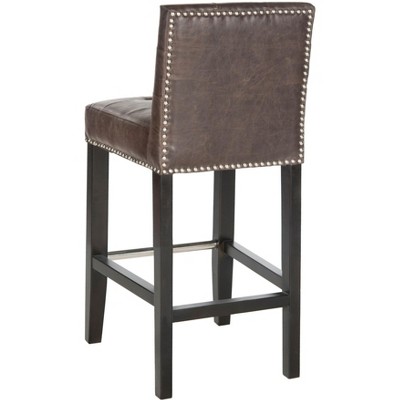 Antique Brown Leather and Wood Counter Stool