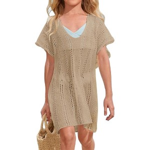 Girls Crochet Beach Cover Up Lightweight U Neck Kids Swimwear Above Knee Beach Cover Up for Girls Beachwear Tops - 1 of 4
