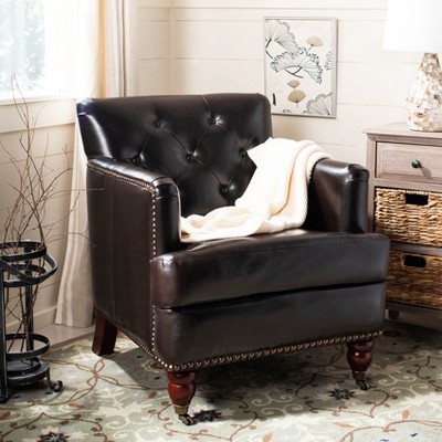 Colin Brown Leather Tufted Accent Chair with Birch Legs