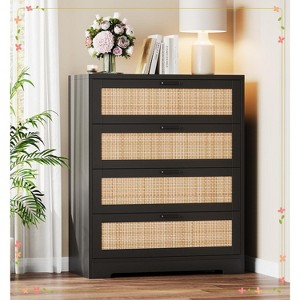4 Drawer Dresser for Bedroom, Rattan Chest of Dressers, Modern Wood Tall Dresser with Power Outlets - 1 of 4