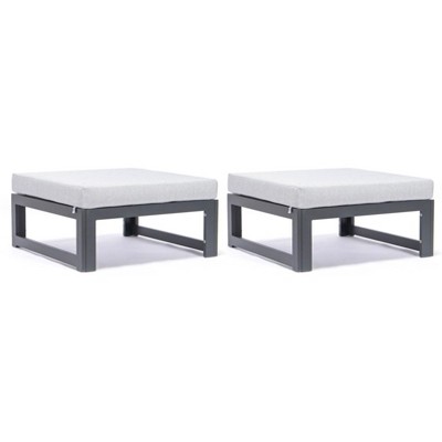 LeisureMod Chelsea Outdoor Patio Ottomans Set of 2, Black Aluminum with Cushions – Weather-Resistant Footstools for Patio and Garden