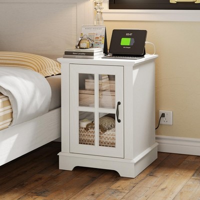 End Table with Charging Station, Storage Cabinet, and Adjustable Shelf, Modern Nightstand