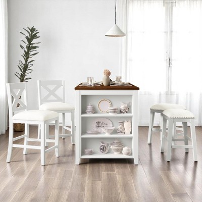 5-Piece Counter Height Dining Table Set with Storage Shelf, Solid Wood Bar Table and 2 Upholstered Chairs & 2 Stools, Table Set for Kitchen