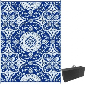 NAYSAYE 9' x 12' Reversible Plastic Straw Outdoor Rug Portable Patio Camping Mat for Backyard Porch Picnic , Blue and White - 1 of 4