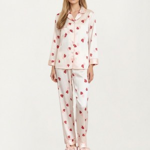 Anna-Kaci Lounge Women's 2-Piece Set Satin Heart Print Pajama Top with Contrast Piping Matched with Relaxed Straight-Leg Pants - 1 of 4