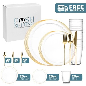 Posh Setting 140 Piece Clear And Gold High End Plastic Party Bundle - Edge (20 Settings) - 1 of 3