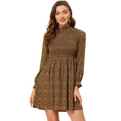 Allegra K Women's Ruffle Neck Long Sleeve A-Line Smocked Floral Dresses