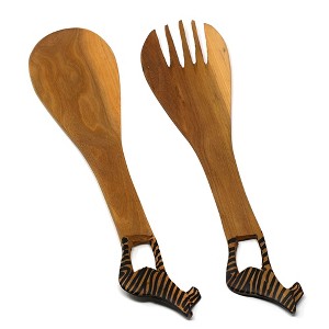 Slickblue Rustic Salad Server Set - Hand-Carved 11-12" Wooden Utensils with Animal Silhouette in Zebra or Giraffe Design - 1 of 4