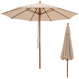 Costway 9.5 FT Patio Rope Pulley Wooden Umbrella Market w/Fiberglass Ribs Outdoor Beige - 1 of 4