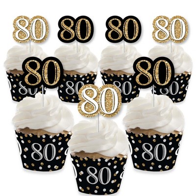 Big Dot of Happiness Adult 80th Birthday - Gold - Cupcake Decoration - Birthday Party Cupcake Wrappers and Treat Picks Kit - Set of 24